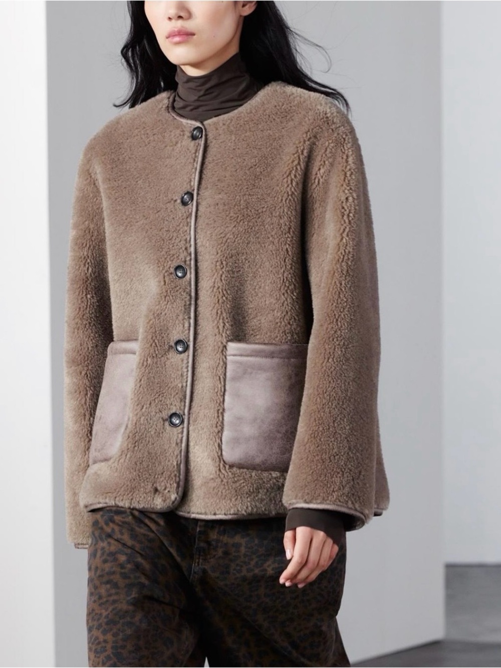 NWT Zara Taupe Plush Teddy Button Up Fleece Jacket - Picture 6 of 14